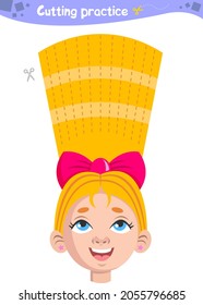 Cutting Practice For Kids.Activity Page. Education Developing Worksheet. Scissor Practice. Vector Illustration. Game For Preschool Kids. A Cute Girl With Blond Hair And A Pink Bow. Pretty Girl. 