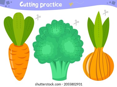 Cutting practice for kids.Activity page. Education developing worksheet. Scissor practice. Vector illustration. Game for preschool kids. Vegetables. Carrots, onions and broccoli.