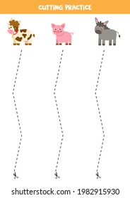 Cutting practice for preschool kids. Cut by dashed line. Farm animals.