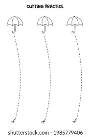 Cutting practice for preschool kids. Cut by dashed line. Black and white umbrella.