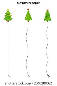 Cutting practice for preschool kids. Cut by dashed line. Christmas trees.