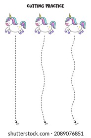 Cutting practice for preschool kids. Cut by dashed line. Cute unicorns.