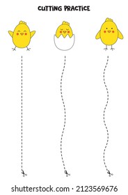 Cutting practice for preschool kids. Cut by dashed line. Easter chickens.