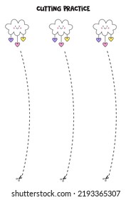Cutting practice for preschool kids. Cut by dashed line. Hand drawn cute clouds.