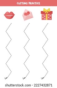 Cutting practice for preschool kids. Cut by dashed line. valentine day elements.