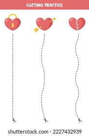 Cutting practice for preschool kids. Cut by dashed line. Cute pink hearts.