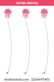 Cutting practice for preschool kids. Cut by dashed line. Cute pink jelly fish.