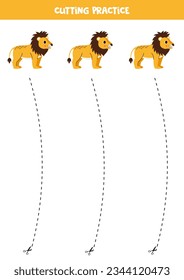 Cutting practice for preschool kids. Cut by dashed line. Cute cartoon lions.