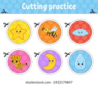 Cutting practice. Sticker sheet. Educational activity worksheet for kids and toddlers. Game for children. Vector illustration.