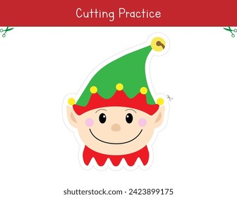 Cutting practice worksheet for Christmas. Scissor skills for kids. Cute happy elf. Preschool and kindergarten education. Educational game	