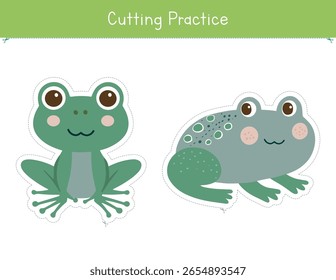 Cutting practice worksheet for kids. Cute frogs for preschool and kindergarten. Educational game for children