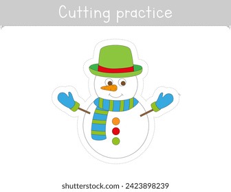 Cutting practice worksheet for winter. Scissor skills for kids. Cute snowman with hat. Preschool and kindergarten education. Educational game	