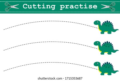 Cutting practices with a funny dinosaur. Learn to use scissors. Vector illustration for children's magazines and preschool institutions