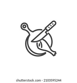Cutting raw chicken leg line icon. linear style sign for mobile concept and web design. Cutting board with chicken leg and knife outline vector icon. Symbol, logo illustration. Vector graphics