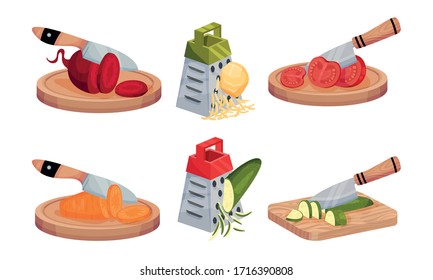 Cutting of Raw Vegetables with Knife and Grating with Grater Vector Set