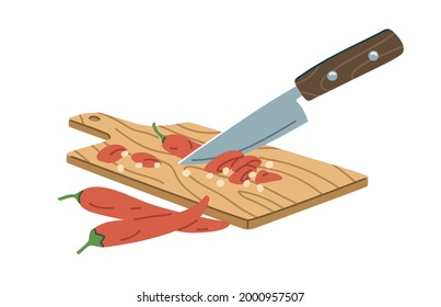 Cutting Red Chili Pepper Into Ring Pieces With Sharp Kitchen Knife. Preparing Slices Of Vegetable Ingredient For Cooking On Wood Board. Flat Vector Illustration Of Food Chopping Isolated On White