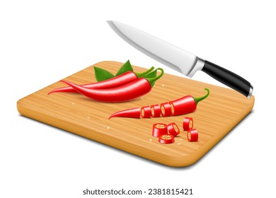 Cutting red chili pepper on the cutting board, isolated on white background. Sliced tasty chili pepper on wooden beech cutting board with knife. Realistic 3d vector illustration