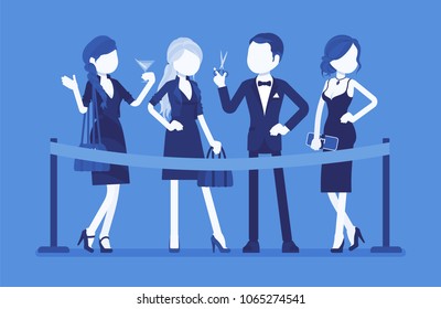 Cutting red ribbon ceremony. Group of young elegant people at official opening event, new business beginning, formal public occasion, festive party start. Vector illustration with faceless characters