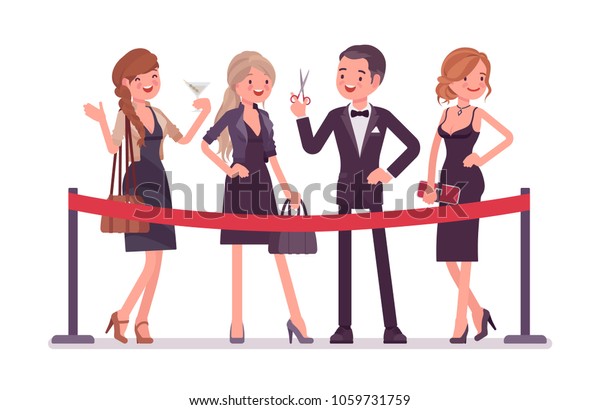 Cutting the red ribbon ceremony. Group of\
young elegant people at official opening event, new business\
beginning, formal public occasion and festive party start. Vector\
flat style cartoon\
illustration