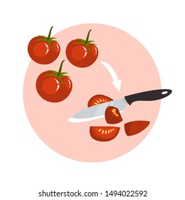 Cutting red tomato using a knife. Vegetable food, fresh healthy meal. Slice of a tasty vegetable. Vector illustration in cartoon style