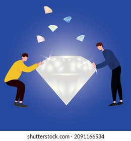 Corte y refinamiento de piedras preciosas por la gente. el concepto de una boda y gente rica. Ilustración de vectores al estilo de diamante plano