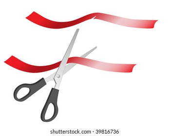 Cutting a ribbon with scissors. Additional partially notched ribbon is provided.