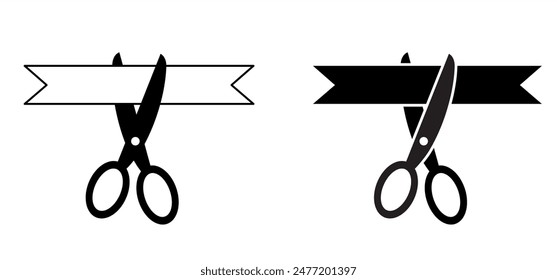 Cutting the ribbon with scissors icon. Festive, grand opening. scissors cuts or ribbon cut. Long silk ribbon. Scissors for cutting and silk ribbon. Start for sport game or invitation for a party.