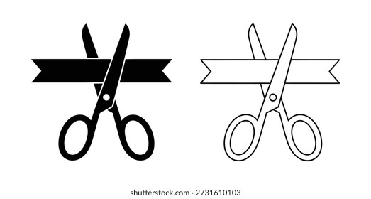 Schneiden des Bandes mit Schere Symbol. Festliche, große Eröffnung. Scheren- oder Bandschnitt. . Langes Seidenband. Schere zum Schneiden und Seidenband. Beginnen Sie mit einem Sportspiel oder einer Einladung zu einer Party.