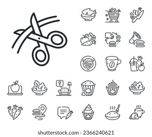 Cutting ribbon sign. Crepe, sweet popcorn and salad outline icons. Scissors line icon. Tailor utensil symbol. Scissors line sign. Pasta spaghetti, fresh juice icon. Supply chain. Vector