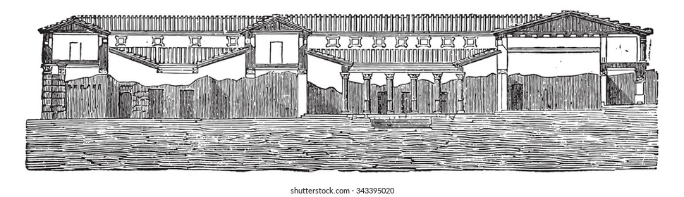 Cutting the said house of Pansa at Pompeii, vintage engraved illustration. Industrial encyclopedia E.-O. Lami - 1875.
