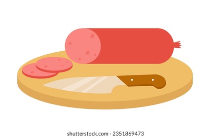 Cutting salami and sausage. Sliced salami on chopping board vector illustration