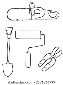 Cutting Saw, Shovel, cutter, Paint roller Construction Vector tools are digital resources for architects, engineers, and designers tools typically use vector graphics to create precise,scalable illust