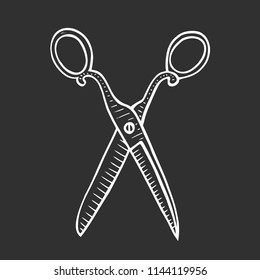 Cutting scissor. Doodle style. Vector illustration. Hand drawn isolated on black