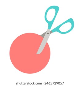 Cutting with scissors, scissors and circle. Vector stationery isolate in cartoon flat style.