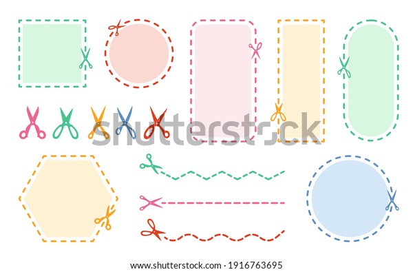 Cutting scissors\
colored set. Dotted coupon border discount symbol cut edge. Dotted\
circle, square and rectangle shape. Label outline discount sign.\
Vector illustration