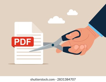 Cutting scissors to cut PDF file. Document cancellation. Downloading document concept. Flat vector illustration.