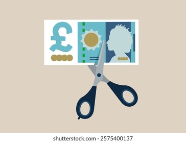 Cutting scissors to cut pound sterling banknotes. Divide money, share profits. Cost reduction or cut price. Pound sterling banknote. British money. Currency. Flat vector illustration