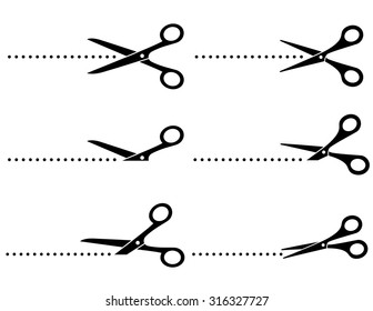 cutting scissors and line points on white background