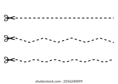 Cutting scissors lines. Dashed border outline. Paper cutting shape. Simple vector design.