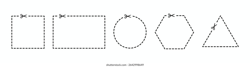 Cutting scissors set. Dotted coupon border. Scissors silhouette in white backgroun. Dashed discount symbol. Dotted circle, square, triangle and rectangle.
