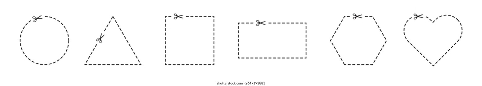 Cutting scissors set. Dotted coupon border. Scissors silhouette in white background. Dashed discount symbol. Dotted circle, square, triangle, love and rectangle.