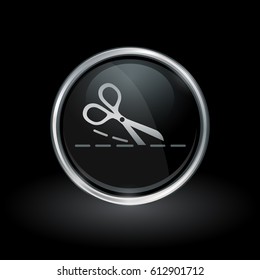 Cutting scissors symbol with dashed trim line icon inside round chrome silver and black button emblem on black background. Vector illustration.
