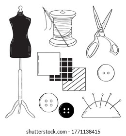 Cutting, sewing set. Mannequin, scissors, thread. Linear style, Doodle. Vector illustration.