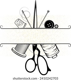 Cutting and sewing sign frame design. Sewing scissors, needle and thread