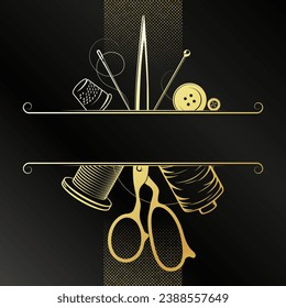 Cutting and sewing sign gold frame design. Sewing scissors, needle and thread