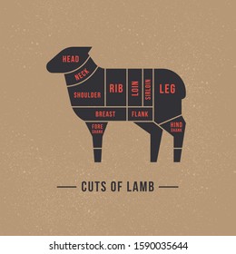 Cutting sheep meat painted in a vector in a flat retro styles isolated against the background. For the butchers shop or restaurant menu.
