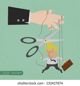 Cutting the strings of a business man puppet, giving it freedom  , eps10 vector format