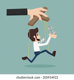 Cutting the strings of a business man puppet, giving it freedom  , eps10 vector format