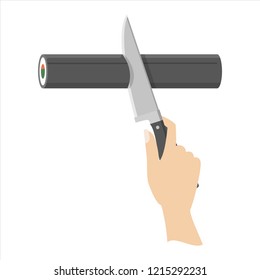 Cutting sushi roll with fish on the board with knife. Asian food making. Delicious japan dinner. Isolated vector illustration