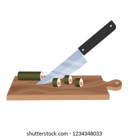 Cutting sushi roll with fish on the board with knife. Asian food making. Delicious japan dinner. Isolated vector illustration